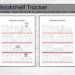 Könnte beinhalten: Druckbarer Bücherregal-Tracker mit vier Regalen, jedes mit Platz für Bücher. Das oberste Regal hat einen Globus auf einem Stapel Bücher. Das zweite Regal hat einen Stapel Bücher auf der linken Seite. Das dritte Regal hat die Buchstaben "ABC" auf einem Stapel Bücher. Das unterste Regal hat einen Wecker auf einem Stapel Bücher. Der Tracker ist in zwei Versionen verfügbar.