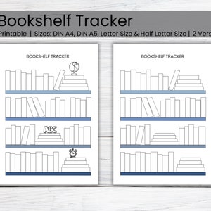 Könnte beinhalten: Druckbarer Bücherregal-Tracker mit zwei Versionen. Der Tracker zeigt ein Bücherregal mit vier Regalen, einen Globus, einen Wecker und die Buchstaben ABC auf den Büchern. Der Tracker soll Ihnen helfen, Ihre Bücher zu verfolgen.