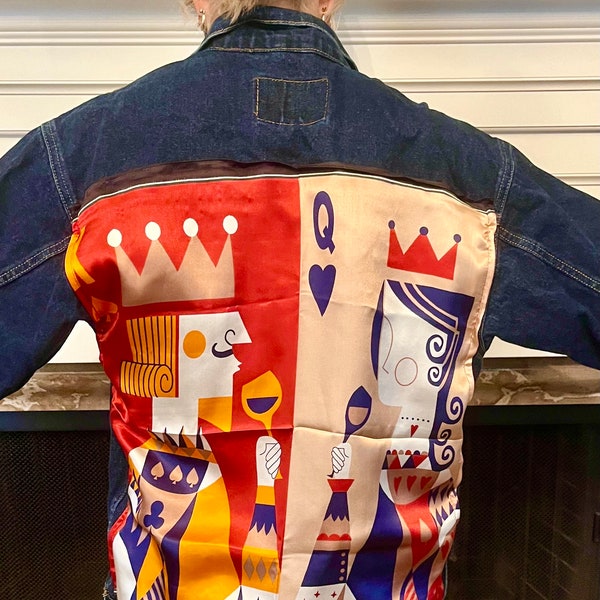 Vintage Jean Jacket with Designer Silk King of Hearts Scarf Details