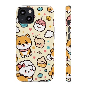 Adorables amigos kawaii Shiba Inu y caniche: lindo diseño de dibujos animados con cupcakes y nubes, cubierta mate o brillante para iPhone 13, 14 y 15