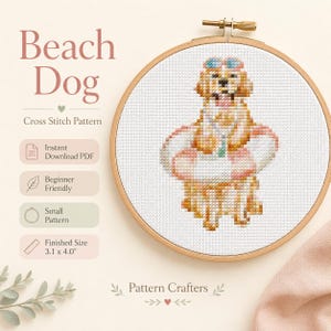 Può includere: Un modello a punto croce con un cane golden retriever con occhiali da sole e salvagente. Il disegno è in un telaio da ricamo. Il testo dice "Beach Dog" e "Cross Stitch Pattern". La dimensione finita è di 7,9 x 10,2 cm.