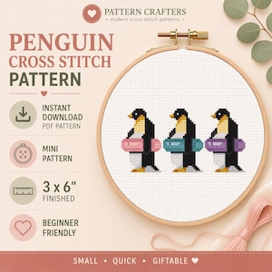 Puede incluir: Patrón de punto de cruz con tres pingüinos con flotadores de colores, presentado en un bastidor de bordado. El tamaño final es de 7,6 x 15,2 cm. El patrón es apto para principiantes.