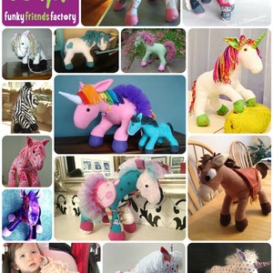 May include: A collage of 12 handmade plush unicorn toys in various colors and patterns. The unicorns are made from different fabrics, including denim, cotton, and fleece. Some of the unicorns have rainbow manes and tails, while others have simple white manes and tails. The unicorns are all standing on their own, and some are holding yarn balls. The collage is titled "Funky Friends Factory".