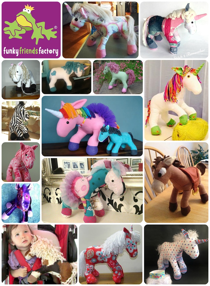 May include: A collage of 12 handmade plush unicorn toys in various colors and patterns. The unicorns are made from different fabrics, including denim, cotton, and fleece. Some of the unicorns have rainbow manes and tails, while others have simple white manes and tails. The unicorns are all standing on their own, and some are holding yarn balls. The collage is titled "Funky Friends Factory".