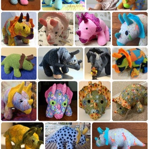May include: A collection of 20 handmade plush dinosaur toys in various colours and patterns. The dinosaurs are all in the same pose, with their heads tilted to the side and their mouths slightly open. The toys are made from a variety of fabrics, including felt, fleece, and cotton. The dinosaurs are all different sizes, but they are all about the same height. The toys are all sitting on a white background. funkyfriendsfactory.com