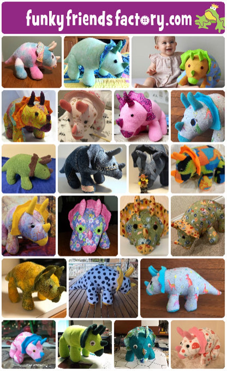 May include: A collection of 20 handmade plush dinosaur toys in various colours and patterns. The dinosaurs are all in the same pose, with their heads tilted to the side and their mouths slightly open. The toys are made from a variety of fabrics, including felt, fleece, and cotton. The dinosaurs are all different sizes, but they are all about the same height. The toys are all sitting on a white background. funkyfriendsfactory.com