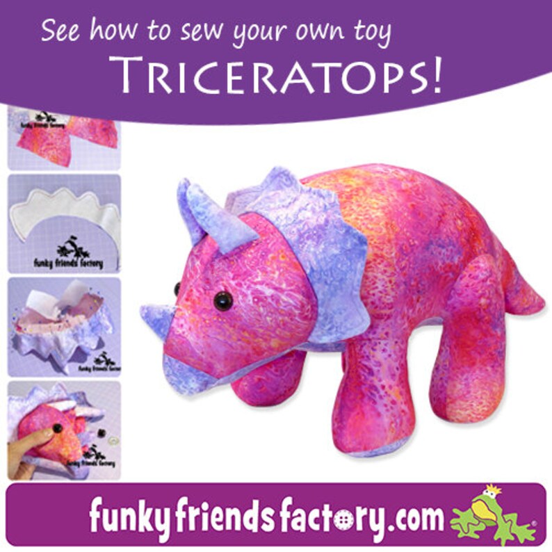 May include: A pink and purple fabric Triceratops toy with a colourful marbled pattern. The toy is shown in various stages of construction, with instructions for sewing your own.