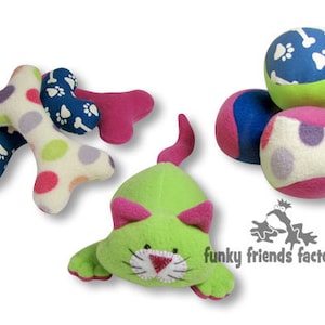 May include: A set of plush toys for pets, including a green cat, two bone-shaped toys with colorful polka dots, and three balls with polka dots and paw prints. The toys are made of soft, colorful fabric and are perfect for interactive play.