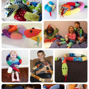 May include: A collection of colorful fabric snake toys. The snakes are made from different fabrics and patterns, and some have googly eyes. The snakes are all different sizes, and some are being held by children. The image also includes a logo for "Funky Friends Factory".