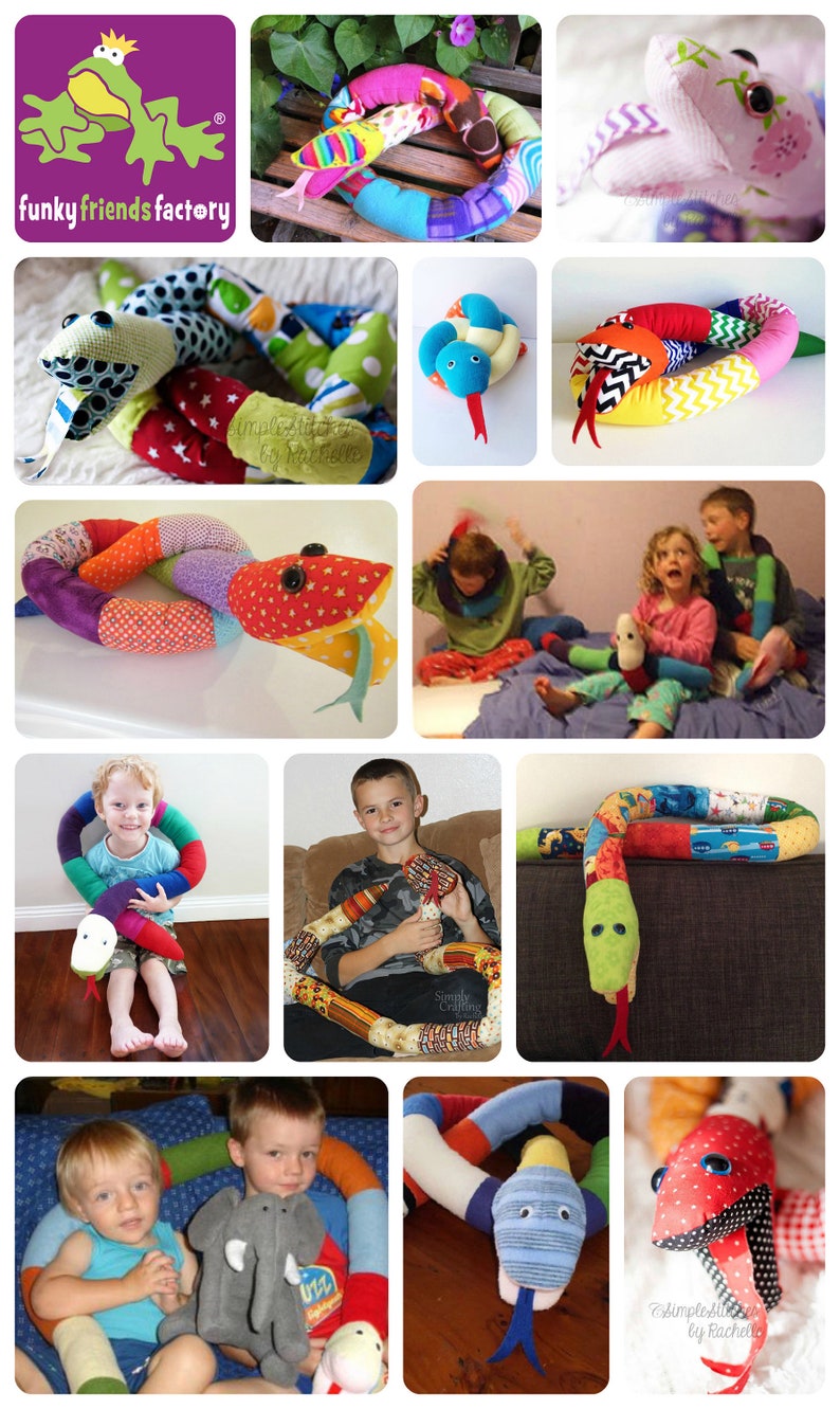 May include: A collection of colorful fabric snake toys. The snakes are made from different fabrics and patterns, and some have googly eyes. The snakes are all different sizes, and some are being held by children. The image also includes a logo for "Funky Friends Factory".