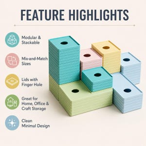 May include: A collection of stackable, square and rectangular plastic storage lids in pastel shades of teal, light green, yellow, pink, and light blue. Each lid features a centered circular finger hole. Text reads FEATURE HIGHLIGHTS.