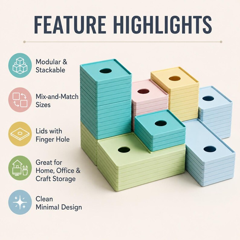 May include: A collection of stackable, square and rectangular plastic storage lids in pastel shades of teal, light green, yellow, pink, and light blue. Each lid features a centered circular finger hole. Text reads FEATURE HIGHLIGHTS.