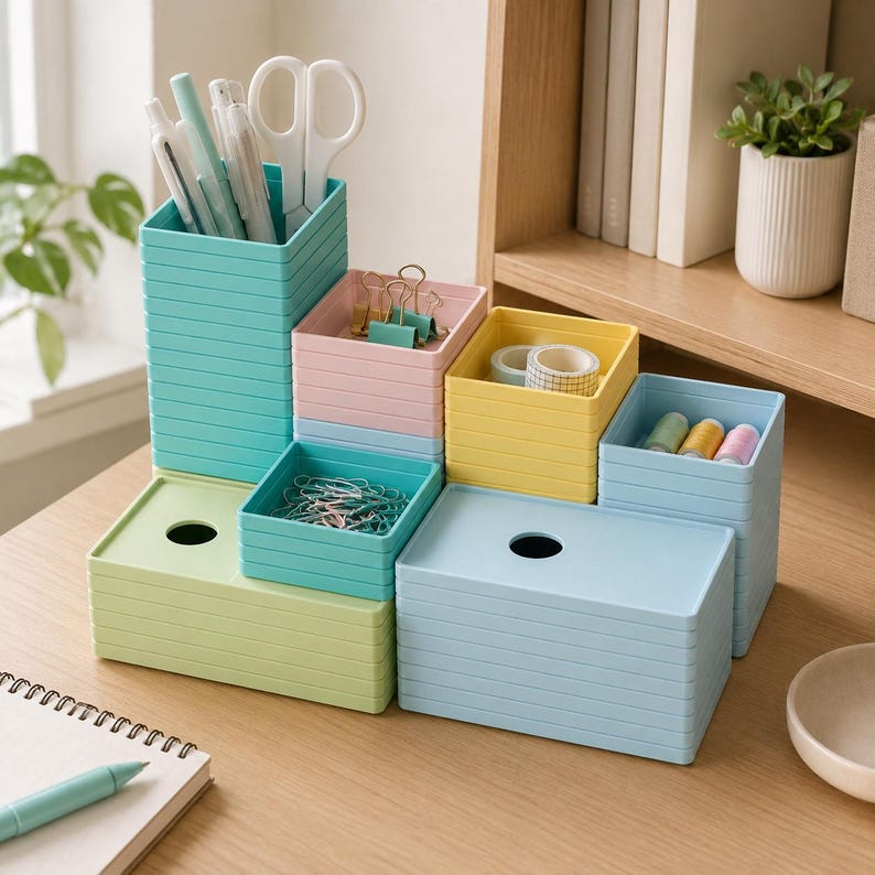 May include: A modular desk organizer set featuring stackable plastic containers in pastel shades of teal, light green, pink, yellow, and light blue. The set includes tall pen holders, shallow trays for paper clips and binder clips, and lidded boxes.