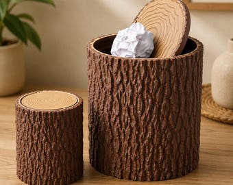 Tree Stump Trash Can, Small Log Waste Bin with Lid, Rustic Woodland Bathroom & Office Decor