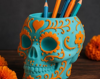 Sugar Skull Pencil Holder, 3D Printed Desk Organizer, Día de los Muertos Decor, Halloween Skull Decor, Colorful Gothic Office Gift
