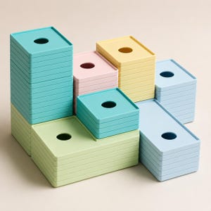 May include: A collection of square and rectangular plastic storage containers in pastel colors including teal, light green, pale pink, yellow, and light blue. Each container features a raised edge and a circular hole in the center of the lid.