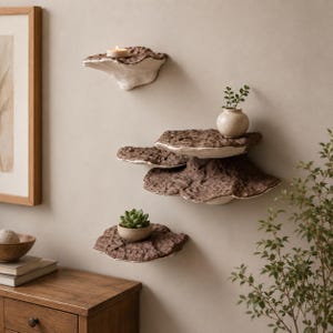 May include: A set of wall-mounted shelves shaped like shelf mushrooms with textured brown tops and smooth white undersides. The shelves are arranged in a cluster, holding a small lit candle, a small round vase with greenery, and a small succulent.