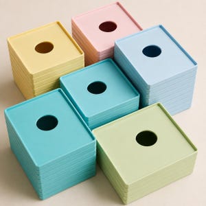May include: A collection of square, pastel-colored plastic lids stacked in five separate piles. Each lid features a smooth, flat surface with a centered circular cutout. The colors include pale yellow, soft pink, light blue, teal, and light green.