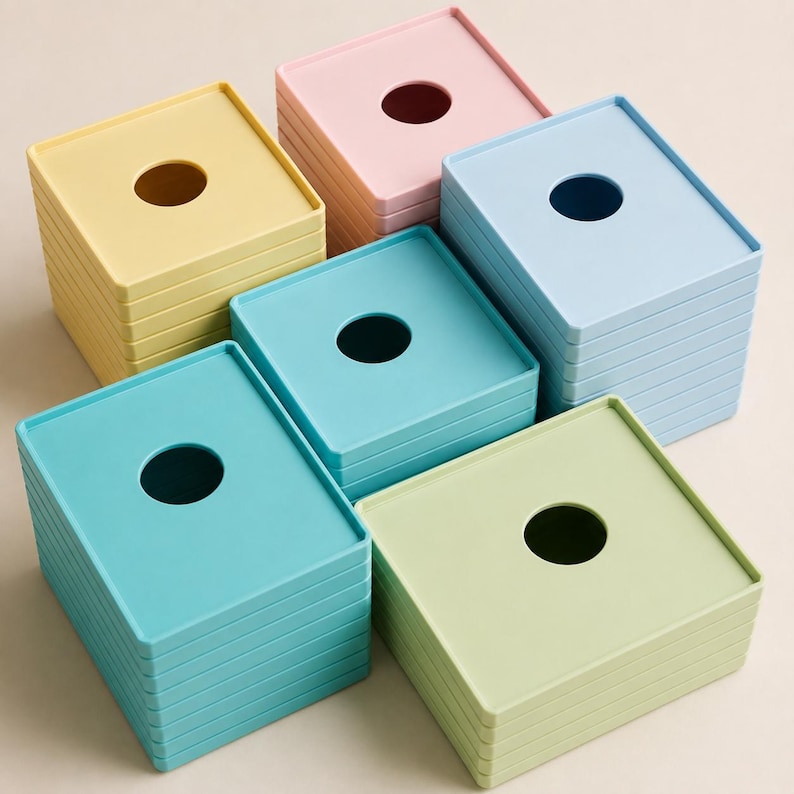 May include: A collection of square, pastel-colored plastic lids stacked in five separate piles. Each lid features a smooth, flat surface with a centered circular cutout. The colors include pale yellow, soft pink, light blue, teal, and light green.