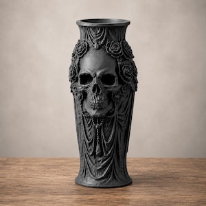 May include: A matte black vase featuring a central human skull relief surrounded by sculpted roses. The surface is decorated with draped fabric textures and a beaded necklace element hanging from the skull, creating a detailed monochromatic vessel.