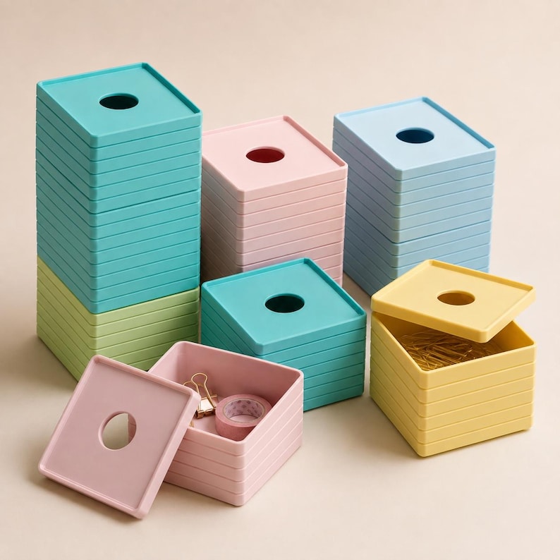 May include: A collection of square storage boxes in pastel colors including teal, light green, pink, light blue, and yellow. Each box features a removable lid with a circular cutout in the center. Some boxes are stacked, while others are open.