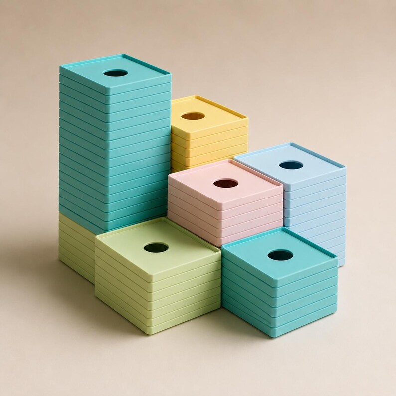 May include: A collection of square plastic coasters stacked in varying heights. The set features multiple pastel colors including teal, light green, yellow, pink, and light blue. Each individual coaster has a circular hole in the center.
