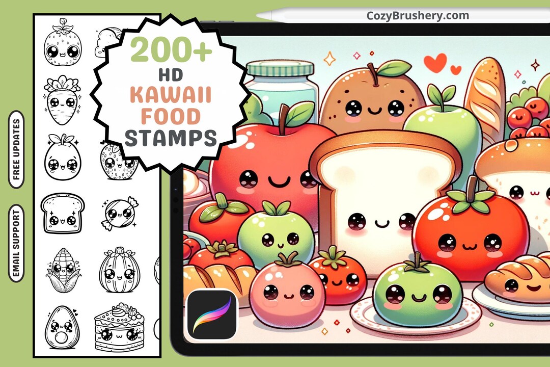 Procreate Stamps: Kawaii Cuisine Pack, 200 Cute Foods With Eyes Stamps ...
