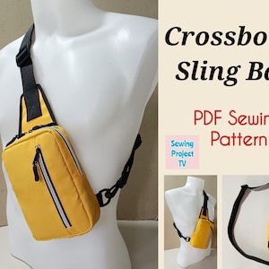 Puede incluir: Una bolsa bandolera amarilla con correas negras y detalles blancos. La bolsa tiene dos compartimentos con cremallera. La imagen incluye el texto "Crossbody Sling Bag PDF Sewing Pattern Sewing Project TV".