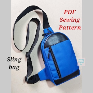 Puede incluir: Una bandolera azul con correa y detalles en negro. La bolsa tiene un bolsillo frontal con cremallera y un panel superior negro. El texto en la imagen dice "PDF Sewing Pattern" y "Sling bag".