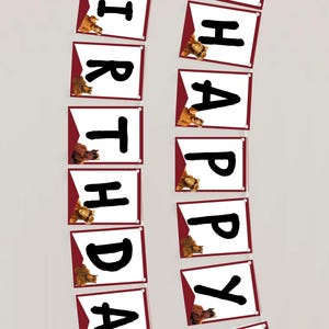 May include: A red and white banner with the words "Happy Birthday" and images of a bear. The banner also includes the text "Let's eat cat! I mean Cake!!" and "It's time to Rock & Roll!"