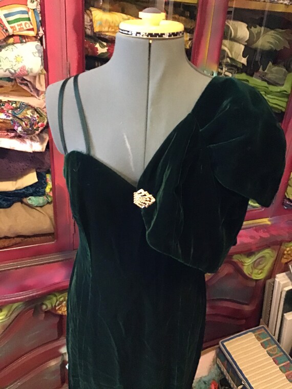 Deep green silk velvet evening gown and jacket