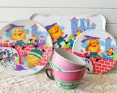 Vintage Tin Humpty Dumpty Childrens Tea Set Play Dishes Lot of 6 Plates Tray Cup