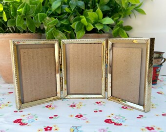 Vintage Tri-Fold Frame Picture Photo Ornate Gold Tone Hinged 2 X 3 Tabletop