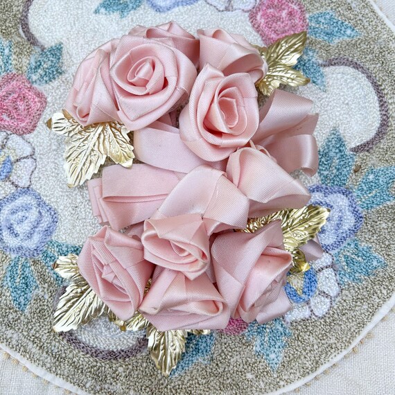 Vintage Silk Pink Rose Flowers Corsage Hat Trim Gold Foil  display picture 1