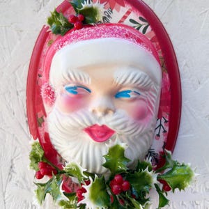 Vintage Santa Claus Doll Face Christmas Wall Hanging Plaque Decor Kitsch Handmade