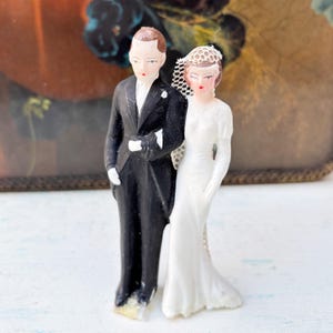 Vintage Celluloid Hochzeitstorte Schleier Braut Bräutigam Paar 1950er Jahre