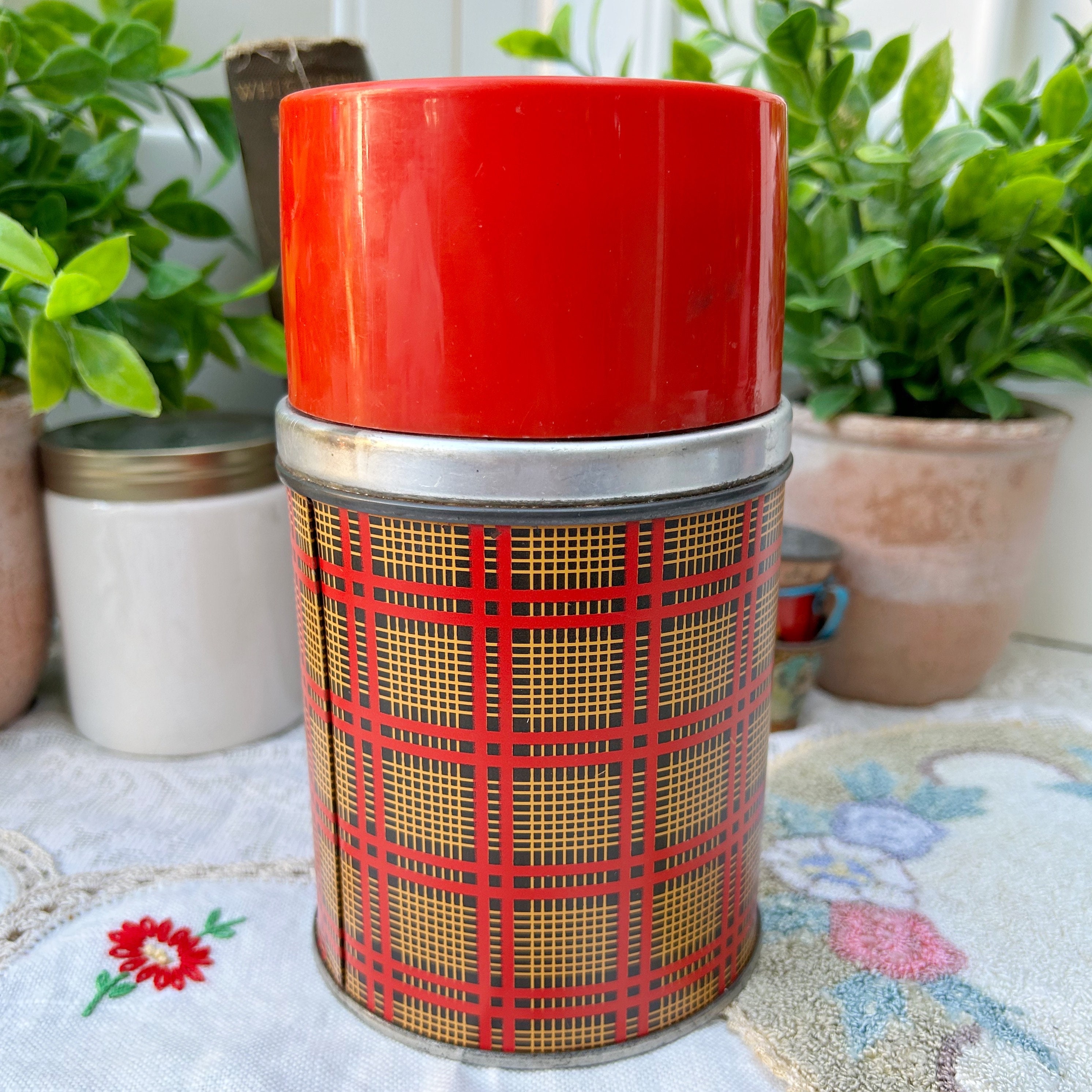 Vintage 1950s Aladdin Red Plaid Metal Lunch Box Thermos, Safety