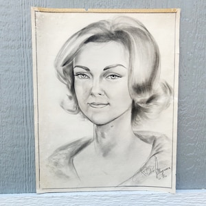 Vintage Original Signed Pencil Drawing Art Sketch Lady Portrait Women 1963