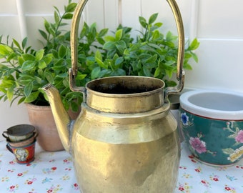 Vintage Brass Tea Kettle Teapot Wood Handle Decorative 12”