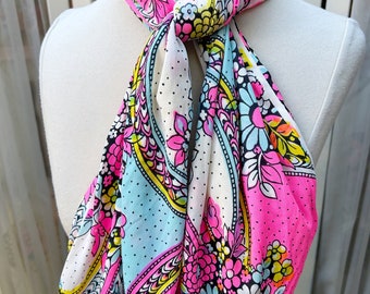 Vintage Floral Mod Rectangular Head Neck Scarf Wraps Pink Blue Polka Dot