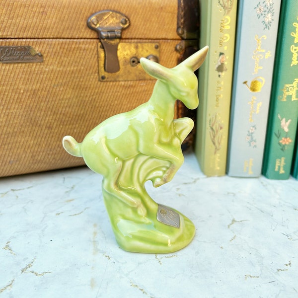 Vintage Roselane Pottery Elegant Deer Fawn Figurine Chartreuse Green