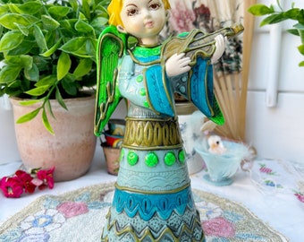 Vintage Chalk Ware Angel Figurine Blue Green 8" Japan Christmas Holiday