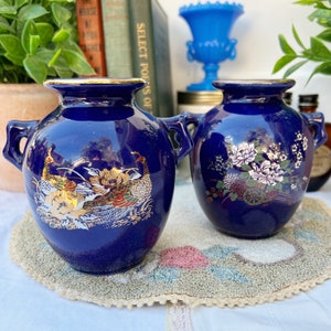 Vintage Cobalt Blue Gold Floral Bird Vase Double Handle Urn Chinese