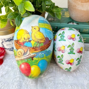 Vintage Candy Easter Yellow Green Bunny Chick Paper Mache Egg Container