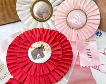 Vintage Horse Award Ribbon Rosette Pink Red Cream Equestrian Show Collectible Trophy