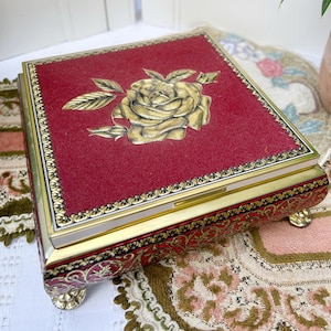 Vintage Flocked Top Fabric Blue Bird Confectionery Tin England Red Gold Rose