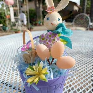 Vintage Easter Spring Bunny Rabbit Holiday Decor Plastic Flower Flocked