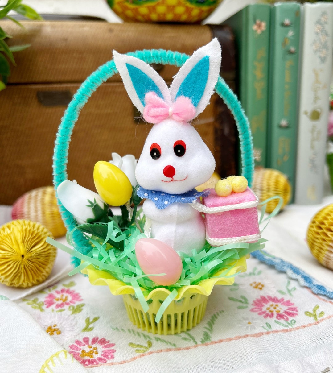 Vintage Easter Spring Bunny Rabbit Kitsch Holiday Decor Plastic Flower ...