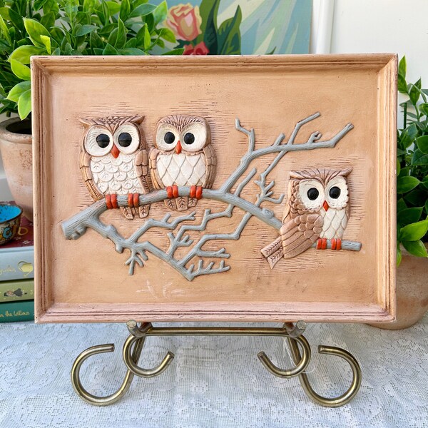 Vintage MCM Owl Wall Hanging Art Plaques Chalk Ware 3D