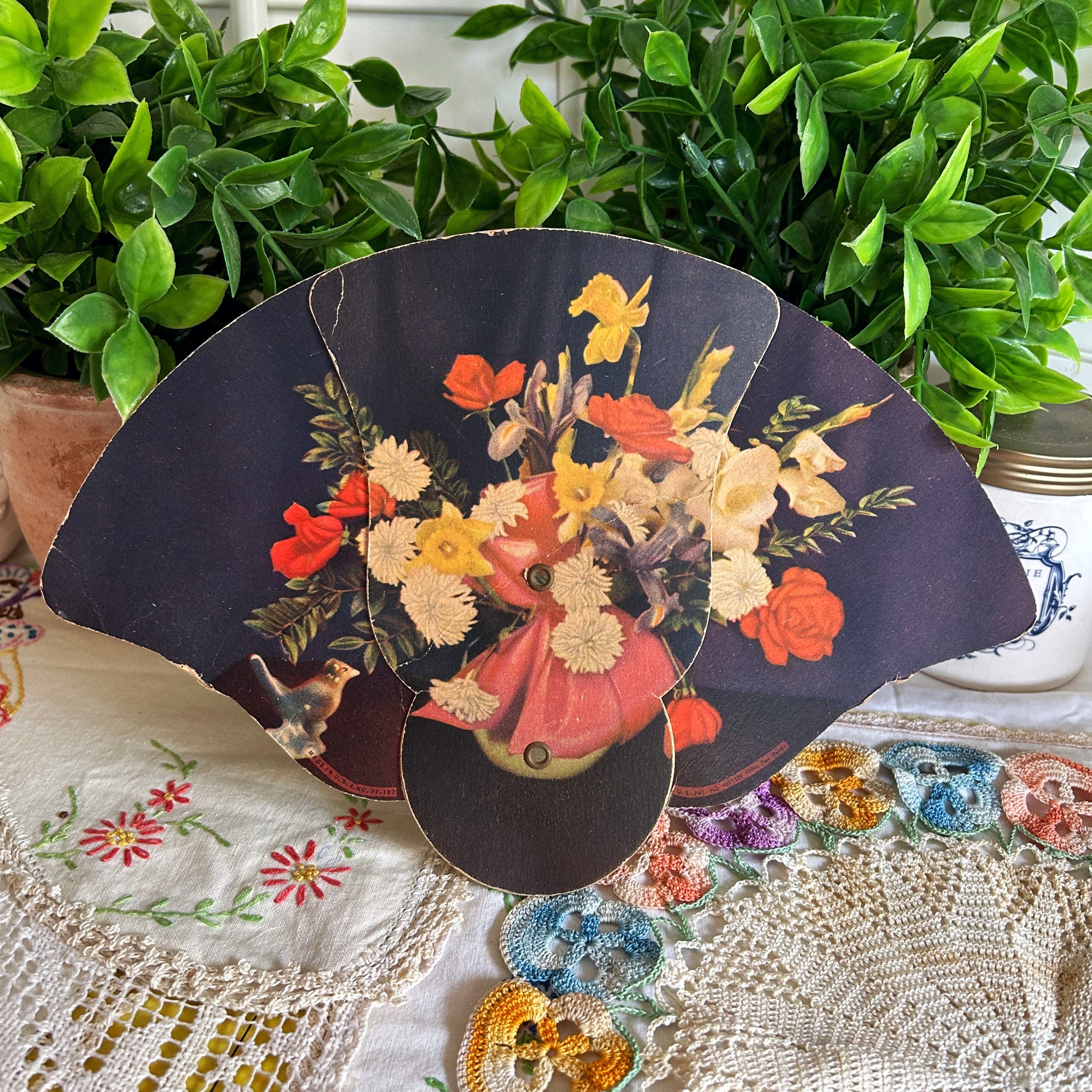 Vintage Paper Cardboard Fan Black Floral Flower Arrangement Collapsible
